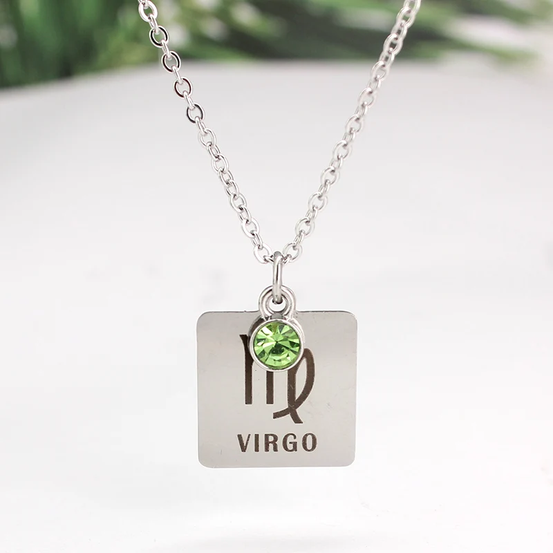 Новое ожерелье со знаком зодиака из нержавеющей стали 12 для женщин хрусталь камень Созвездие квадратный кулон ожерелье ювелирные подарки - Окраска металла: Virgo