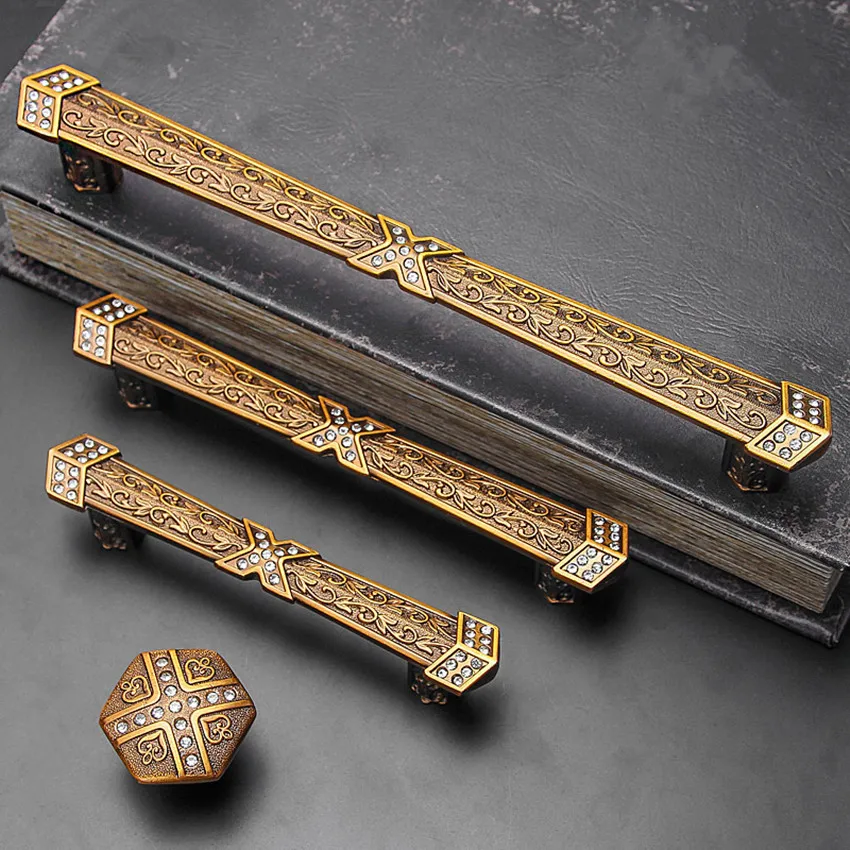 

192mm long size Retro fashion rhinestone kitchen cabinet wardrobe door handle 96mm 128mm yellow bronze drawer cupboard knob pull