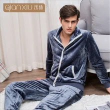 Зиму теплые пижамы Пары Повседневное мужские Пижамные наборы утепленные, фланелевые костюмы для сна из вельвета мужские рубашки с длинным рукавом пальто+ Штаны