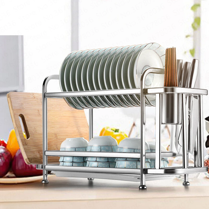 

2 Layer Stainless Steel Kitchen Shelf Dish Rack Drain Rack Dishes Tableware Dryer Organizer Kitchen Storage