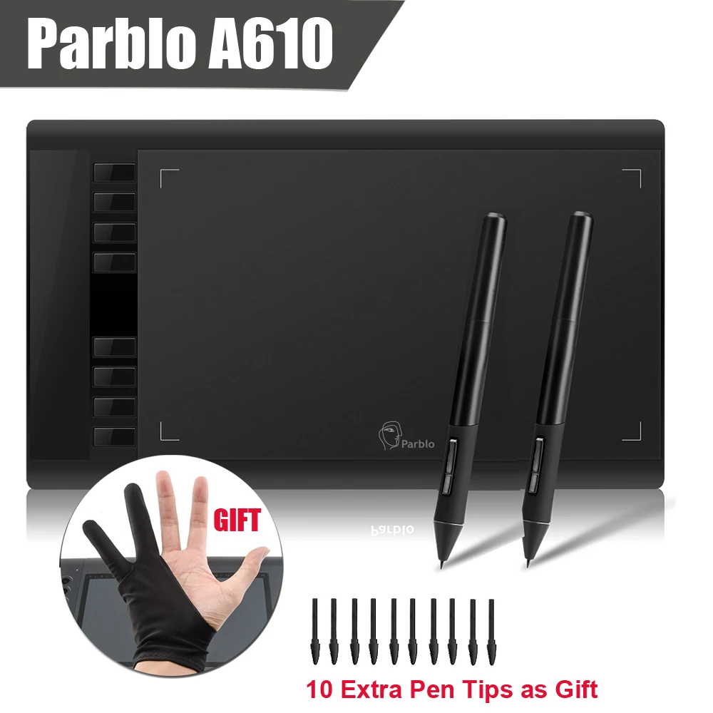 2 Pens + Parblo A610( +10 Extra Nibs) Graphics Drawing Digital Tablet
