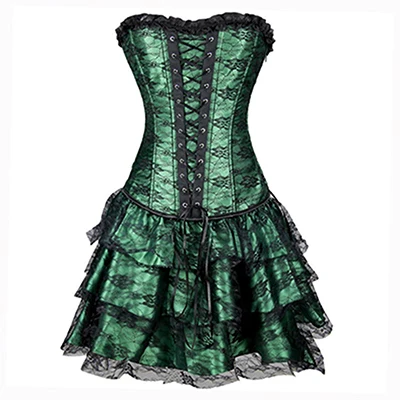 Кружевной Корсет+ юбка, сексуальный женский корсет и бюстье для танцев, Клубная одежда, готическое корсетное платье, Кружевной Корсет для тренировок, зеленый, черный, красный комплект - Цвет: Зеленый