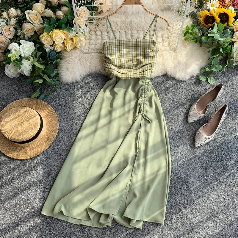 

Panya Wind Dress Female French Retro Skirt 2009 Popular Skirt Very Immortal Lattice Splice Knee-Crossed Skirt