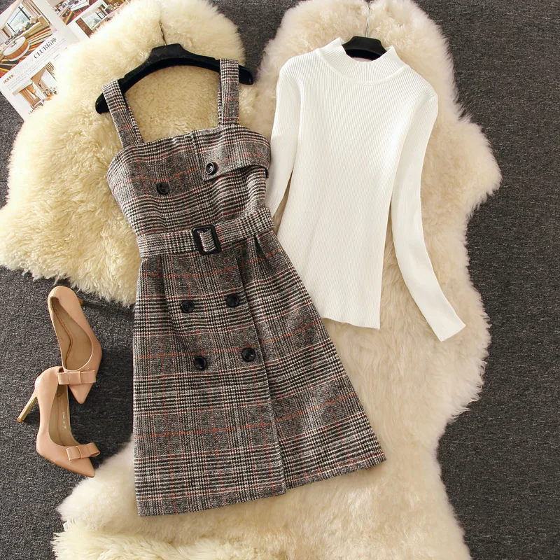 

2019 new women 2 piece dresses sets turtleneck knitted sweaters pullovers and plaid dresses lady elegant dress suits