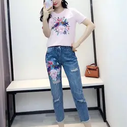 MVGIRLRU женский украшенный блестками и бисером 3D цветок футболка с карандаш джинсы комплекты одежды летние джинсовые брюки костюмы