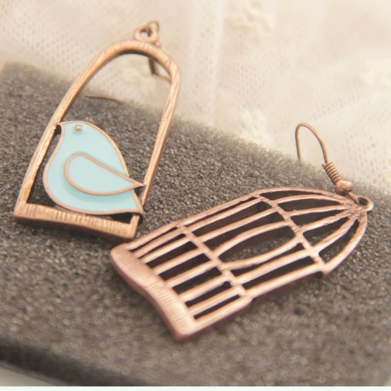 Fashion Bird And Bird-Cage Asymmetric Drop Earrings blue Oil Bird simple For Women Alloy Bird Cage Dangle Brincos ear Earrings