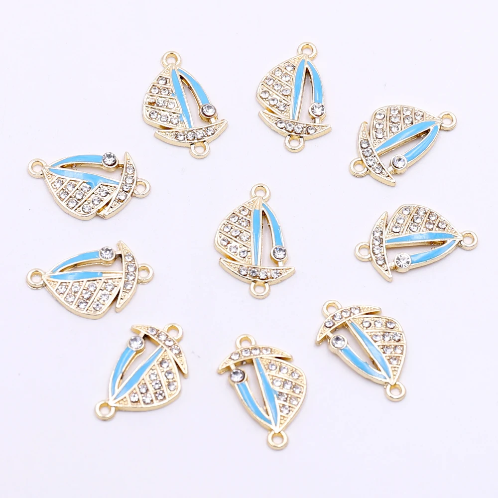 

Wholesale Gold Sailing Boat Connectors Charms with Rhinestone for Bracelets Making DIY Skyblue Enamel Jewelry Accessories