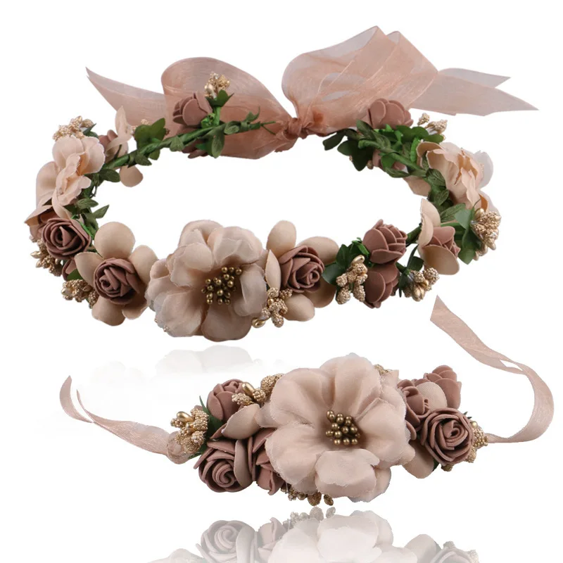 

New Women Wedding Bridal Hair Bands Flowers Hair Accessories Floral Crown Girls Summer Bohemia Headwear Headband Bracelet