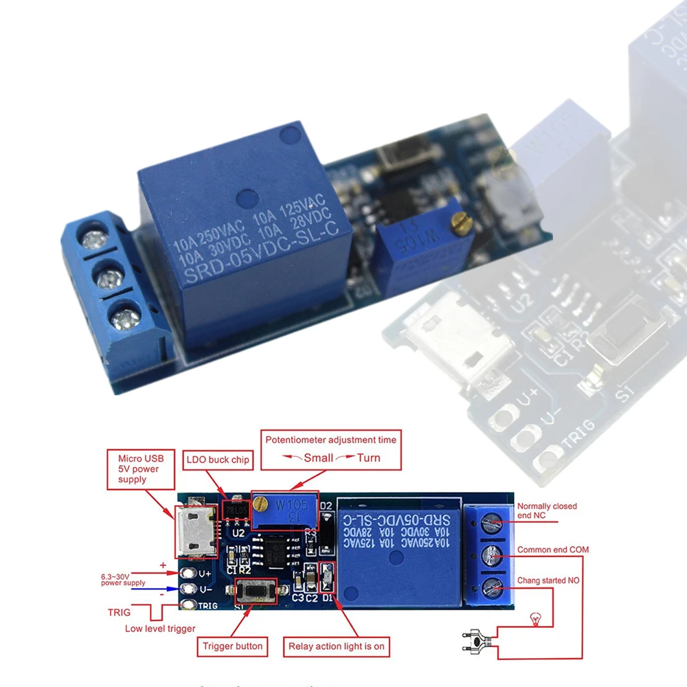 Micro USB Power Adjustable Delay Relay 5V 30V Trigger Delay Switch