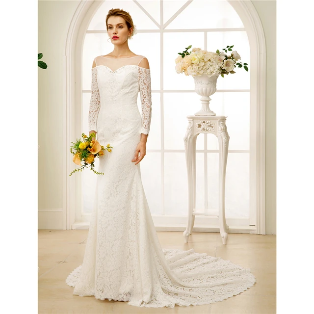 Lan Ting Bride Sheath Column Wedding Dress Long Sleeves O Neck Lan Ting Bride Sheath Column Wedding Dress Long Sleeves O Neck Chapel Train Lace