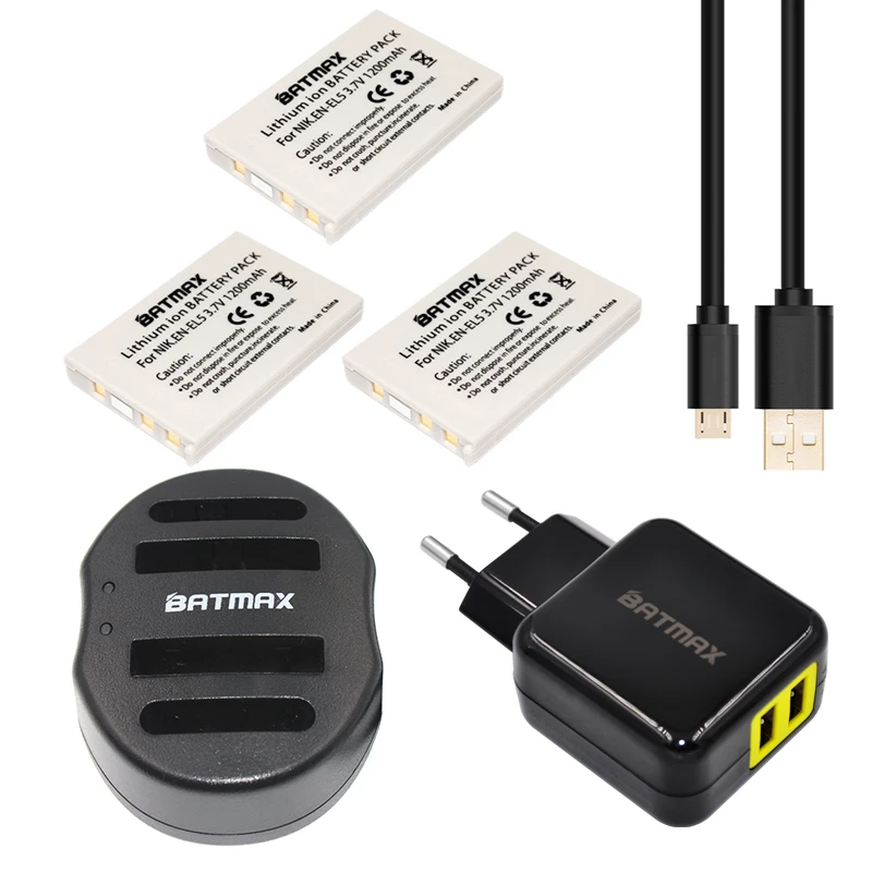 Batmax 3pcs EN EL5 EN EL5 Rechargeable Battery+USB Dual Charger for