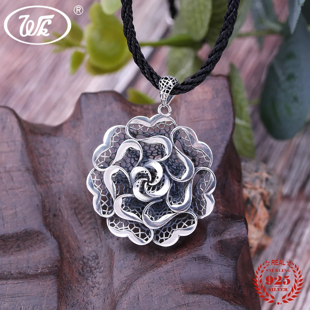 

WK NEW Antique Flower Pendant Necklace 925 Sterling Silver Filaments Woven Woman Floral Statement Necklace 2018 Party Gift NZ086