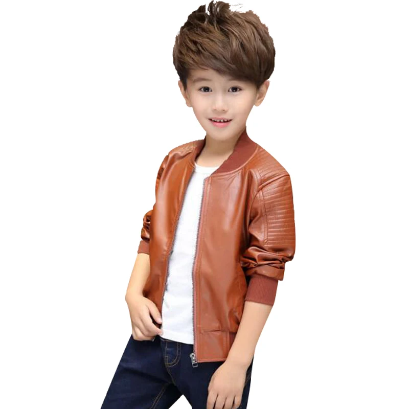 Кожаная куртка для маленьких мальчиков от 2 до 14 лет; модная детская верхняя одежда для мальчиков; пальто для девочек; весенние кожаные меховые куртки; Новинка года - Цвет: brown