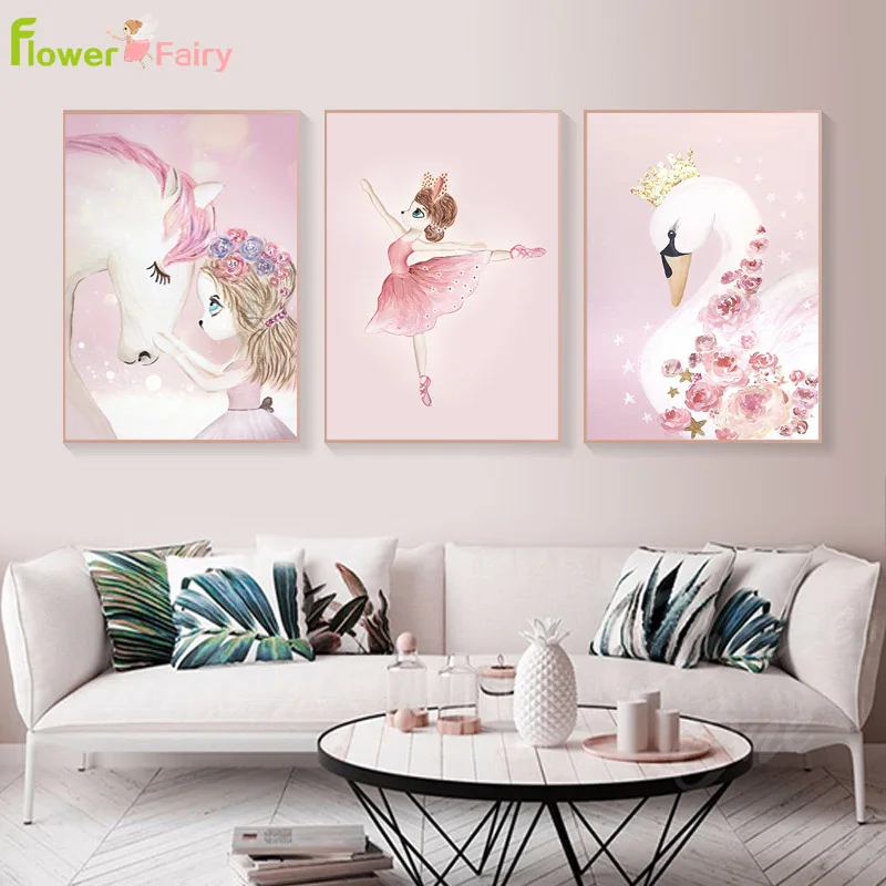 

Unicorn Princess Baby Girl Room Decor Cartoon Swan Wall Art Canvas Painting Nordic Poster Wall Pictures For Living Room Unframed