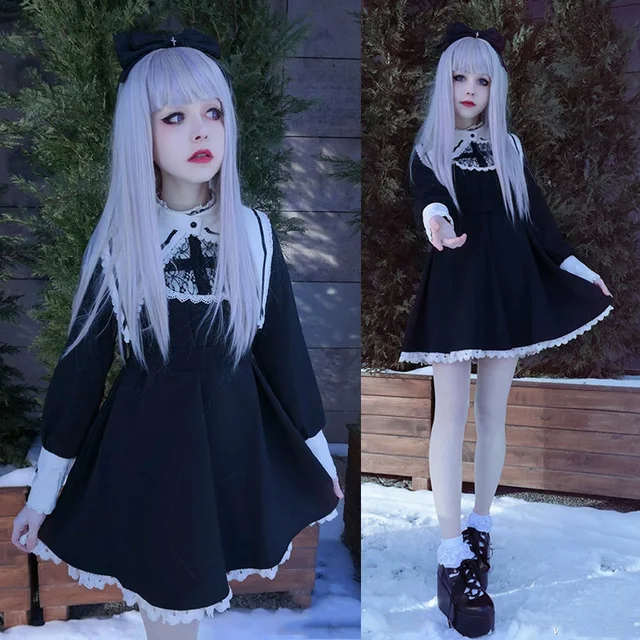 Gothic Lolita Darkness Style Corss Dress Sister Style with Fake Collar Lace Long Sleeves Cute Unique