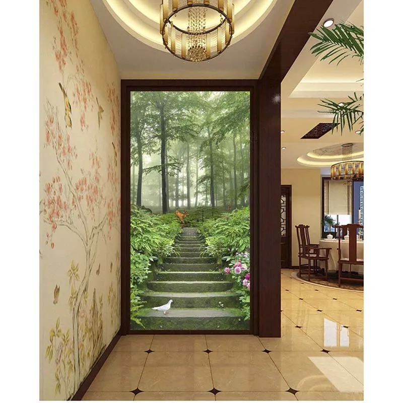 Kustom Ukuran Mural 3D Wallpaper Masuk Tangga Kayu Latar Belakang