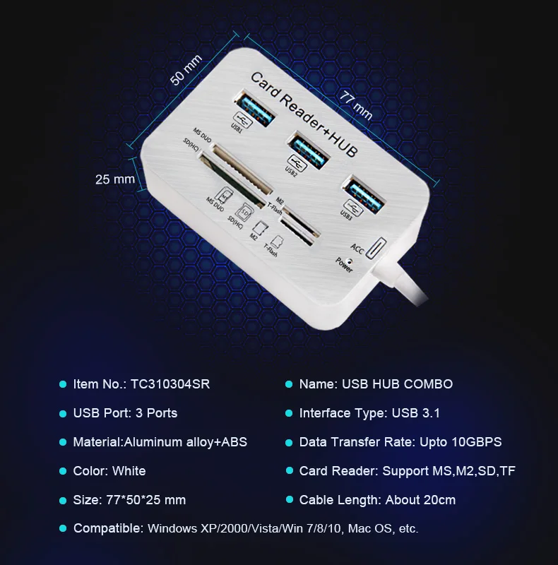 USB 3,0 концентратор разветвитель с 3 портами type C концентратор USB type C SD/TF кардридер USB-C концентратор USB 3,1 адаптер для MacBook/компьютера