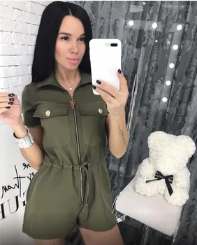 

2019 Sexy Women New Fashion Slim Jumpsuit Short Sleeve Army Green Solid Casual Bodysuit Ladies Vintage Romper