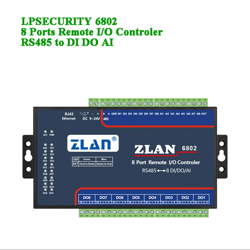 Дистанционный IO контроллер 8 портов RS485 для DI DA AI Modbus RTU протокол цифровой вход выход аналоговый 8 каналов ввода/вывода Модуль ZLAN6802