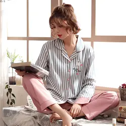 Весна 2019 женские пижамы Для женщин Хлопок Длинный топ Комплект пижамный комплект NightSuit пижамы наборы Для женщин Пижама для отдыха Mujer