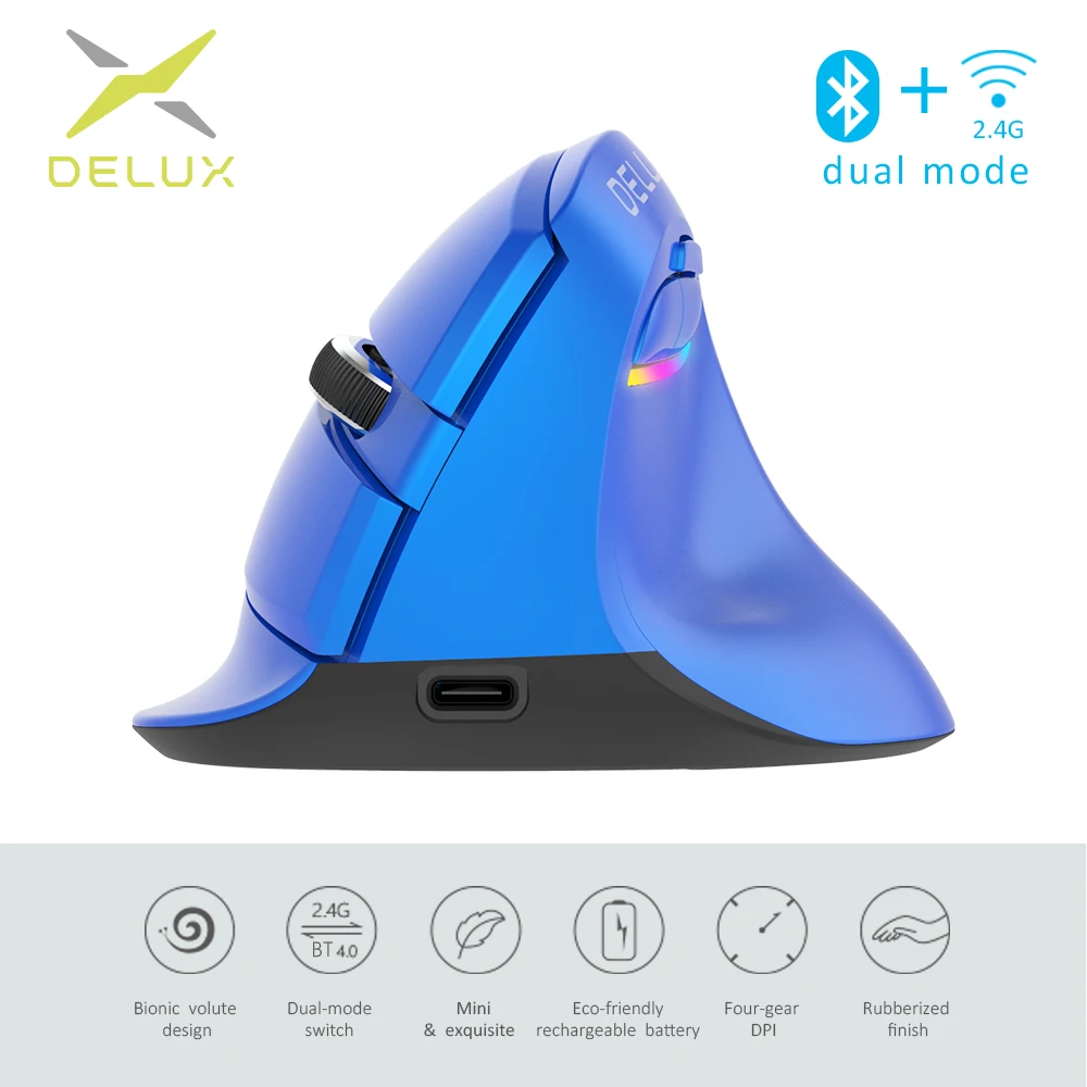 Delux Blue M618 Mini 4.0+2.4GHz Wireless Vertical Mouse 4 Gear DPI RGB Ergonomic Rechargeable Silent click Mice for Office Delux Blue M618 Mini 4.0+2.4GHz Wireless Vertical Mouse 4 Gear DPI RGB Ergonomic Rechargeable Silent click Mice for Office
