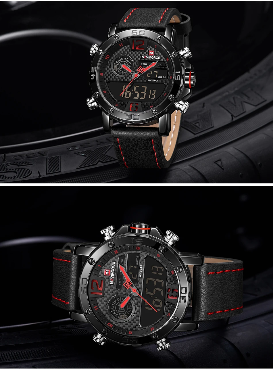 Для мужчин s часы Элитный бренд для мужчин кожа спортивные наручные часы naviforce кварцевые светодиодный цифровые часы