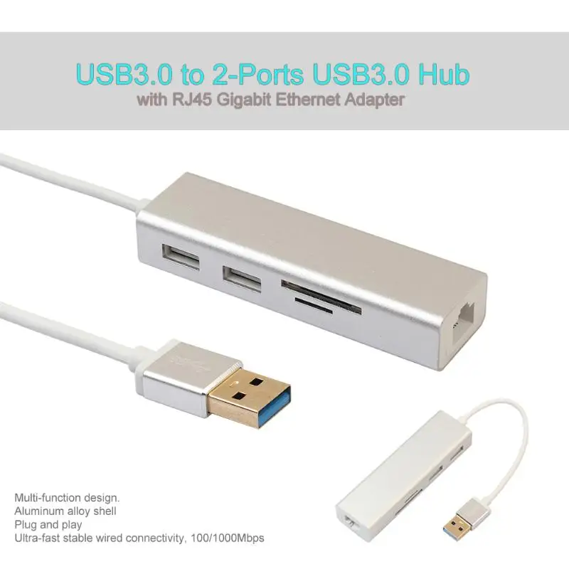 Alloyseed Многофункциональный Card Reader Алюминий USB3.0 к RJ45 2-Порты и разъёмы USB3.0 SD Card Reader адаптер конвертер для ПК