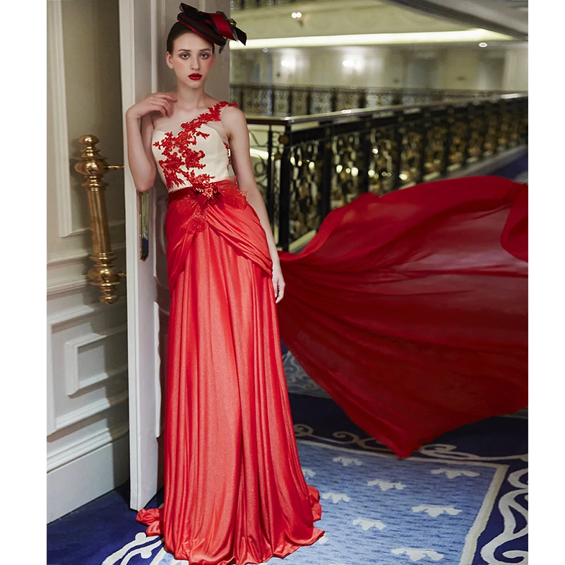 

Formal prom gown red chiffon appliques flower long Evening Dress robe de soiree vestidos 2016 sexy see through back one shoulder