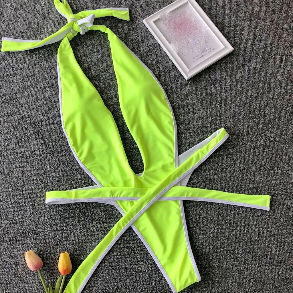 Бандажные стринги купальники сексуальный купальный костюм женский Монокини стринги неоновый зеленый бикини пуш-ап женский купальник цельный купальник