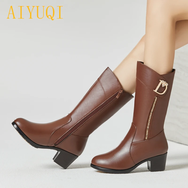 

AIYUQI Female snow boots winter 2019 new genuine leather female motorcycle boots, big size 35-43 wool warm women dress shoes