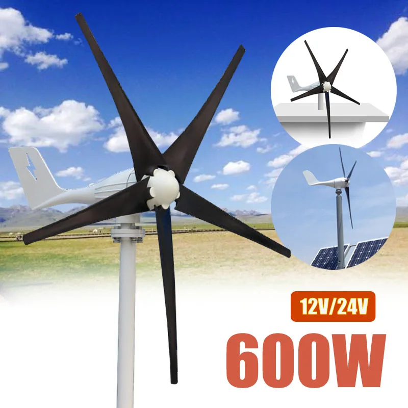 

Real 600W 12 V 24 Volt 5 Nylon Fiber Blades Horizontal Wind Turbines Generator Power Windmill Energy Charger Kit Home Black