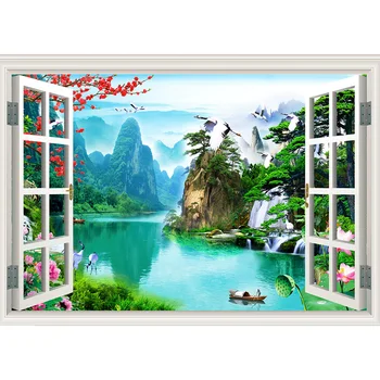 

5D DIY full diamond diamond painting window landscape 3D mosaic diamond embroidery waterfall/boat/mountain/bird natural JS4600