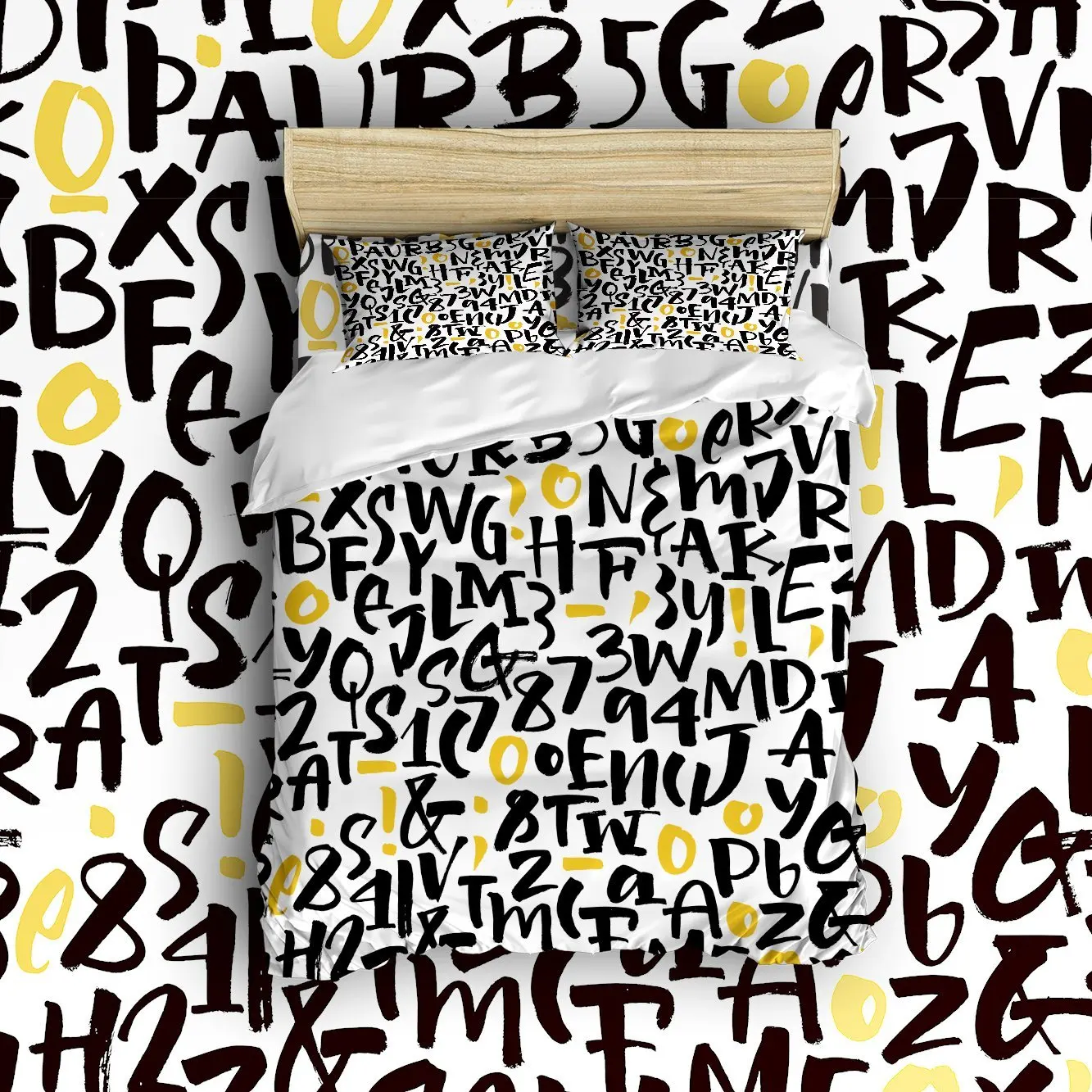 

4 Piece Bed Sheets Set, Black Yellow Letters and Numbers Print, 1 Flat Sheet 1 Duvet Cover and 2 Pillow Cases