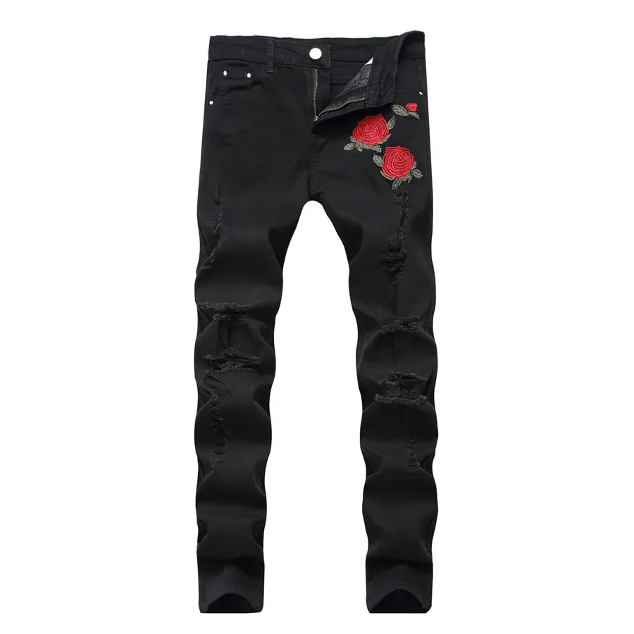Черные рваные мужские джинсы с вышивкой с вышитыми цветами и розами, мужские джинсы, Стрейчевые узкие джинсы, брюки - Цвет: Черный