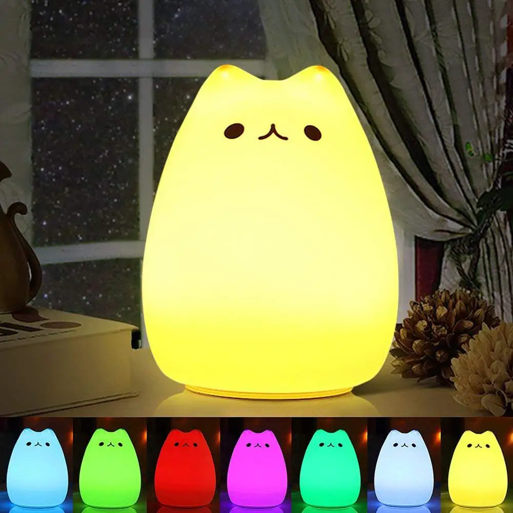 

Cute Cartoon Cat Silicone LED Night Light USB Tap Color Changing Bedside Lamp