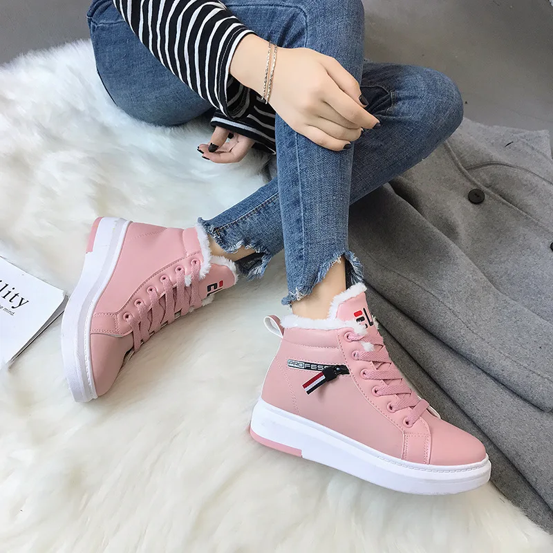 

Solid Pink White Sneakers with Fur Winter Boots Women 2018 High Top Warm Plush Cotton Shoes Platform Boots Ladies Snow Boots