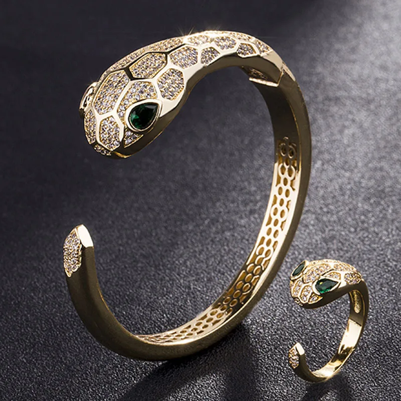 

Green Eye Snake Animal Bangles & Rings Men Jewelry Sets Metal Copper Gold color rhodium Silver Bangles Aneis Anel Accessory Sets
