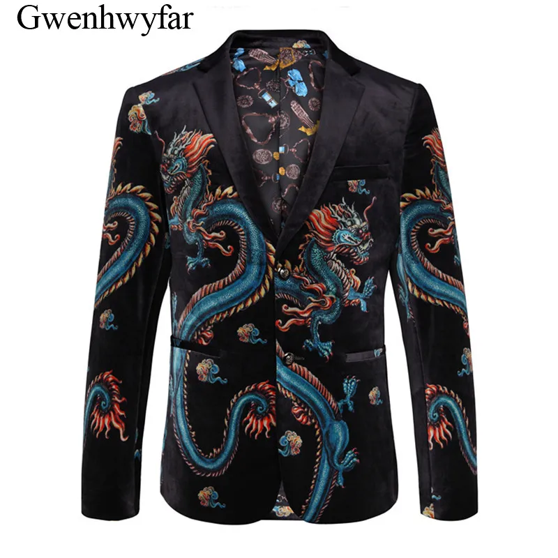 Gwenhwyfar Patterns Velvet Jacket for Men 2018 Chinese Dragon Printed