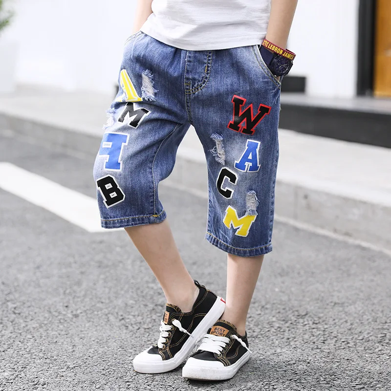 

Ripped Boys Pants 2018 Summer Children's Clothing Loose Straight Calf-length Letter Pant Elastic Waist Kids Jeans For 4-13 Years