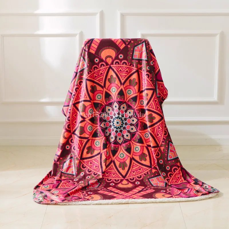 Boho Sherpa Reversible Throw Blanket Mandala Hippie Soft Plush Bright