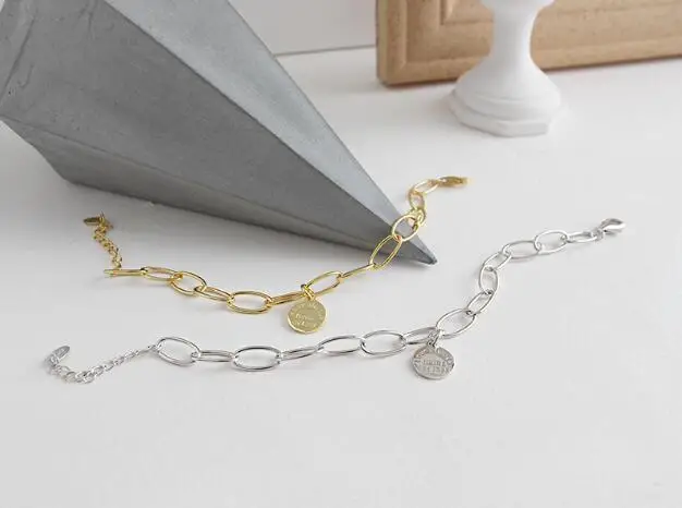 

1PC Authentic 925 Sterling Silver Rolo Chain with Disc Coin Round Personality letters engraved chain Bracelet TLS141