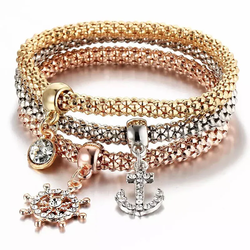 

3 Pcs Charm 3-color popcorn elastic chain Ms Rhinestone Zircon anchor & Rudder Pendant Girl gift Bracelet & Bangle Jewelry