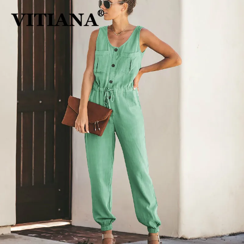 

VITIANA Women Casual Jumpsuit Summer 2019 Female Sleeveless Pockets Buttons Rompers Womens Jumpsuits Ladies Formal Office Romper