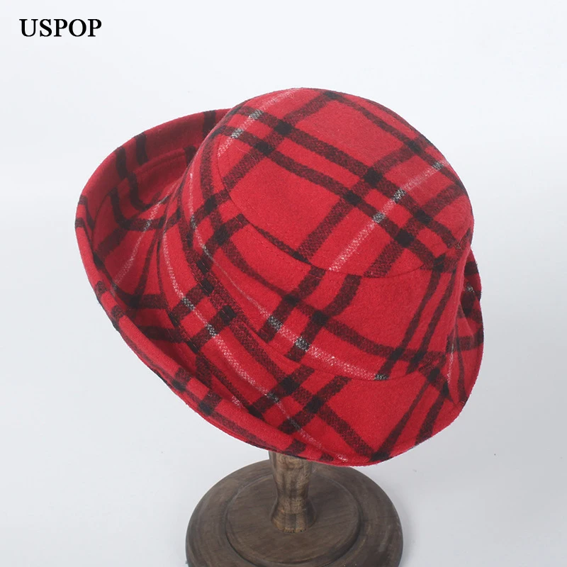 USPOP, повседневные зимние шапки для женщин, шерстяные шапки-ведерки, женские модные клетчатые шляпы-ведерки с плоским верхом, фетровые шляпы