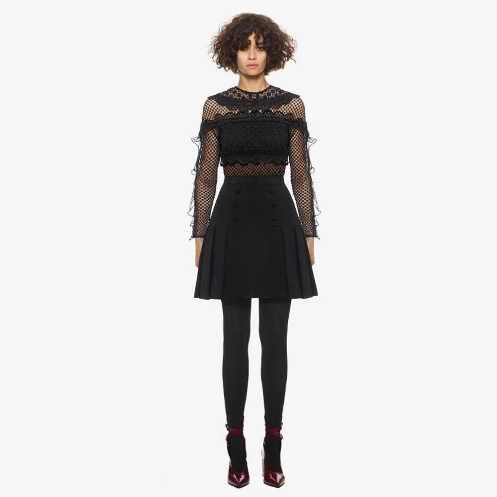 Autumn Winter New Luxury Lace Mosaic Fashion Long Sleeve A Line Dress Women Black White High-quality Button Short Party Dress long-white-lace-dress