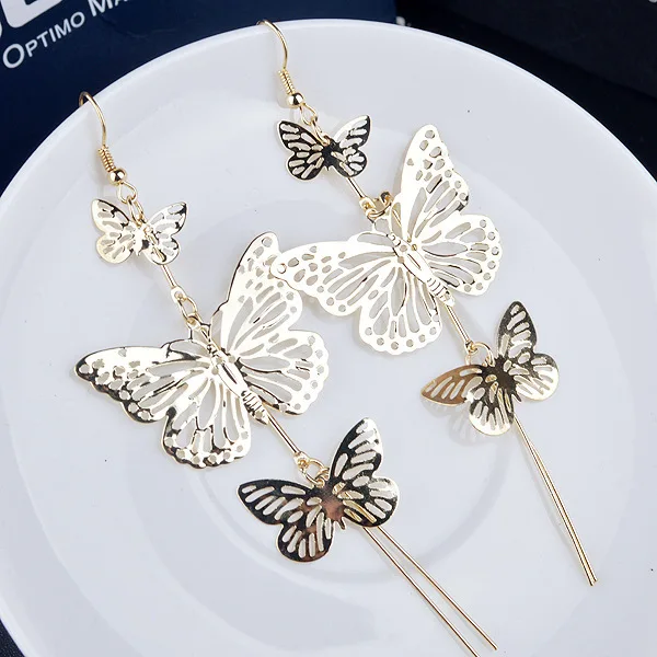 

JEAE 3 Colors New Fashion Multi layer Hollow Butterfly Drop Long Earrings Gold Alloy Tassel Jewlery Drop Earrings for woman