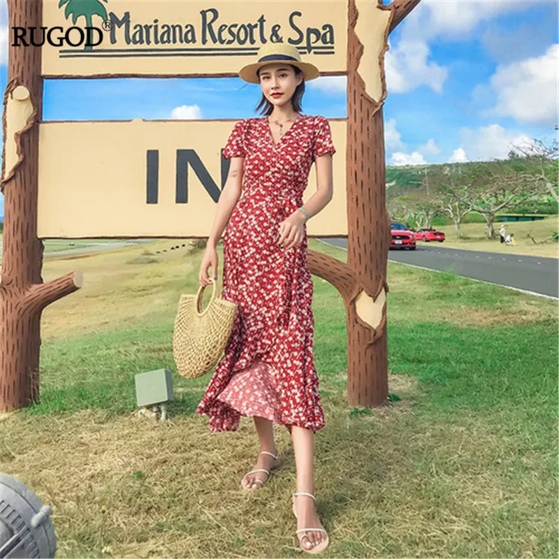 

RUGOD2019 summer women v-neck short sleeve red floral printing chiffon dresses ruffle long length dresses casual lady vestidos
