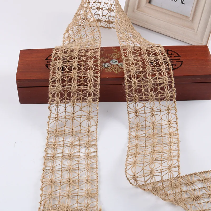 2m/Roll Wide 7cm Hollow Design Natural Hessian Jute Twine Burlap Ribbon Christmas Home DIY Decoration Rustic Wedding Decor