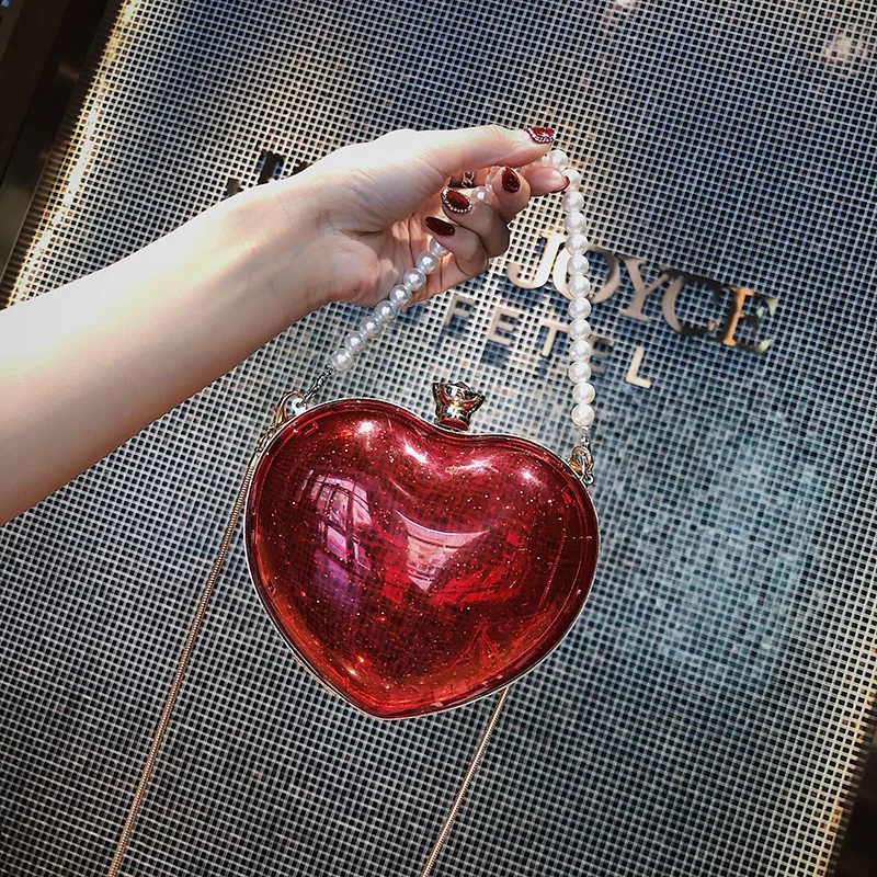 

Transparent Clear Lady Handbags 2019 New Fashion Pearl Women Shoulder Oblique Cross Body Bag Chain Heart-shaped Party Clutch Bag