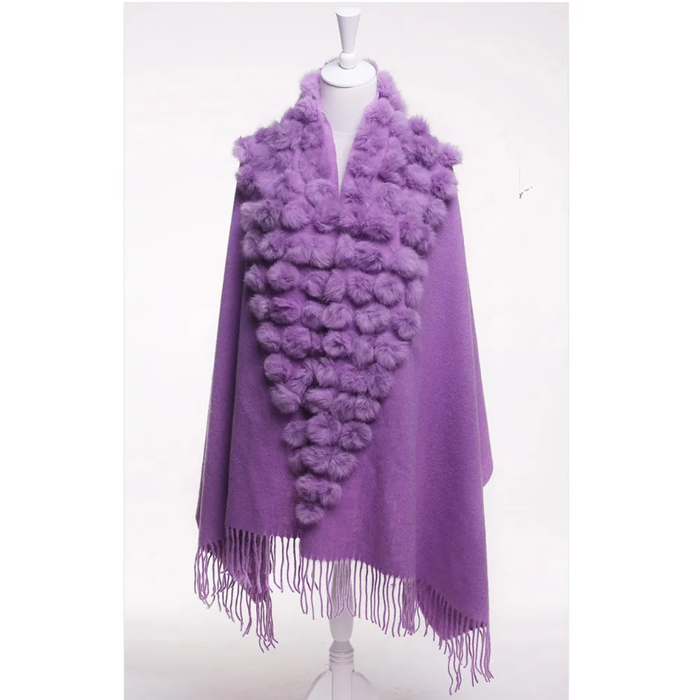 

Fashion New Purple High Quality Women's 100% Wool Rabbit Fur Balls Pashmina With Fine Tassel Thick Shawl Scarf Warm 112801